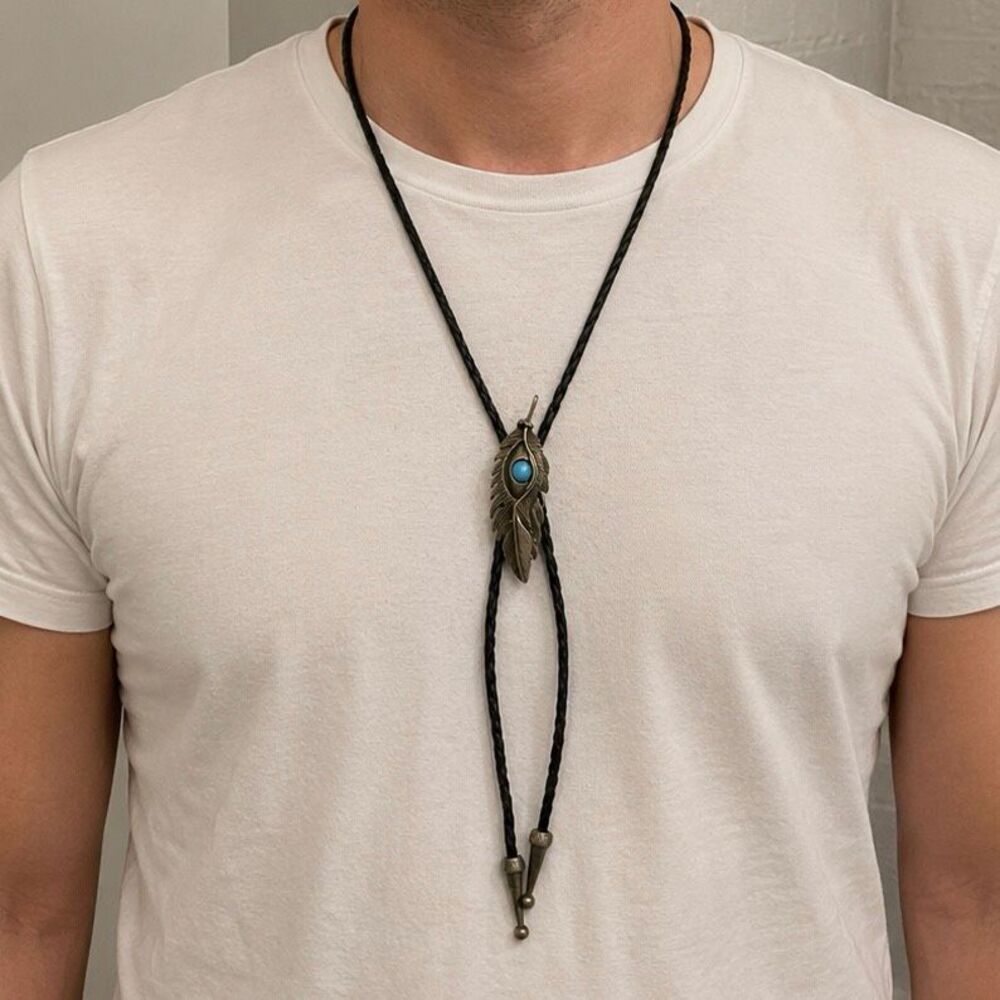 Men’s Western Bolo Lariat Necklace, Antique Bronze Tone Turquoise Accent